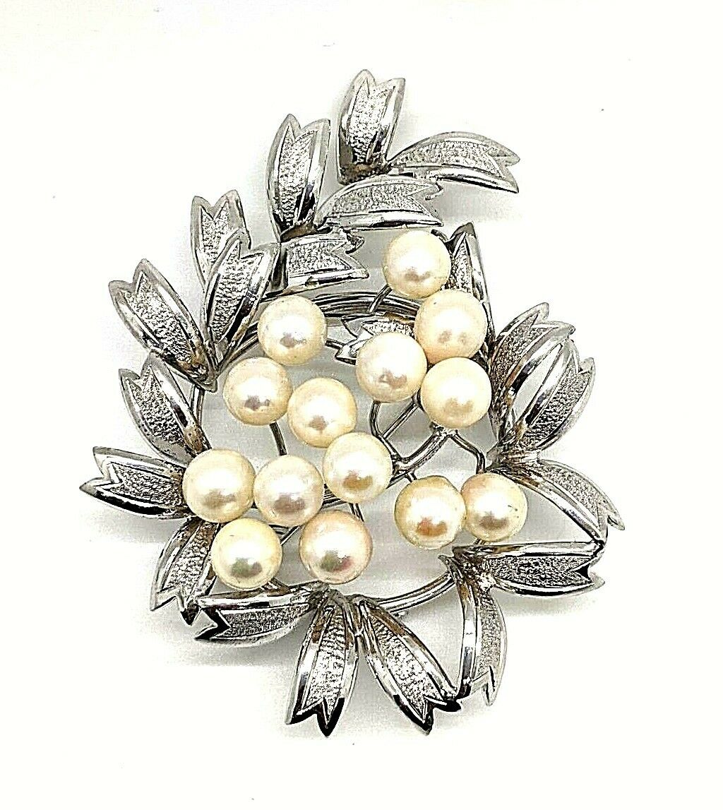 Vintage Sterling Silver Cultured White Sea Pearl Cluster Wreath Brooch Pin 3317