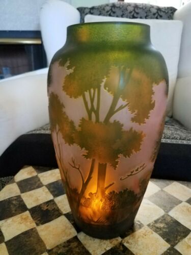 Rare Vintage Emile Galle Reproduction Glass Cameo12.5" Forest And Trees Vase Euc