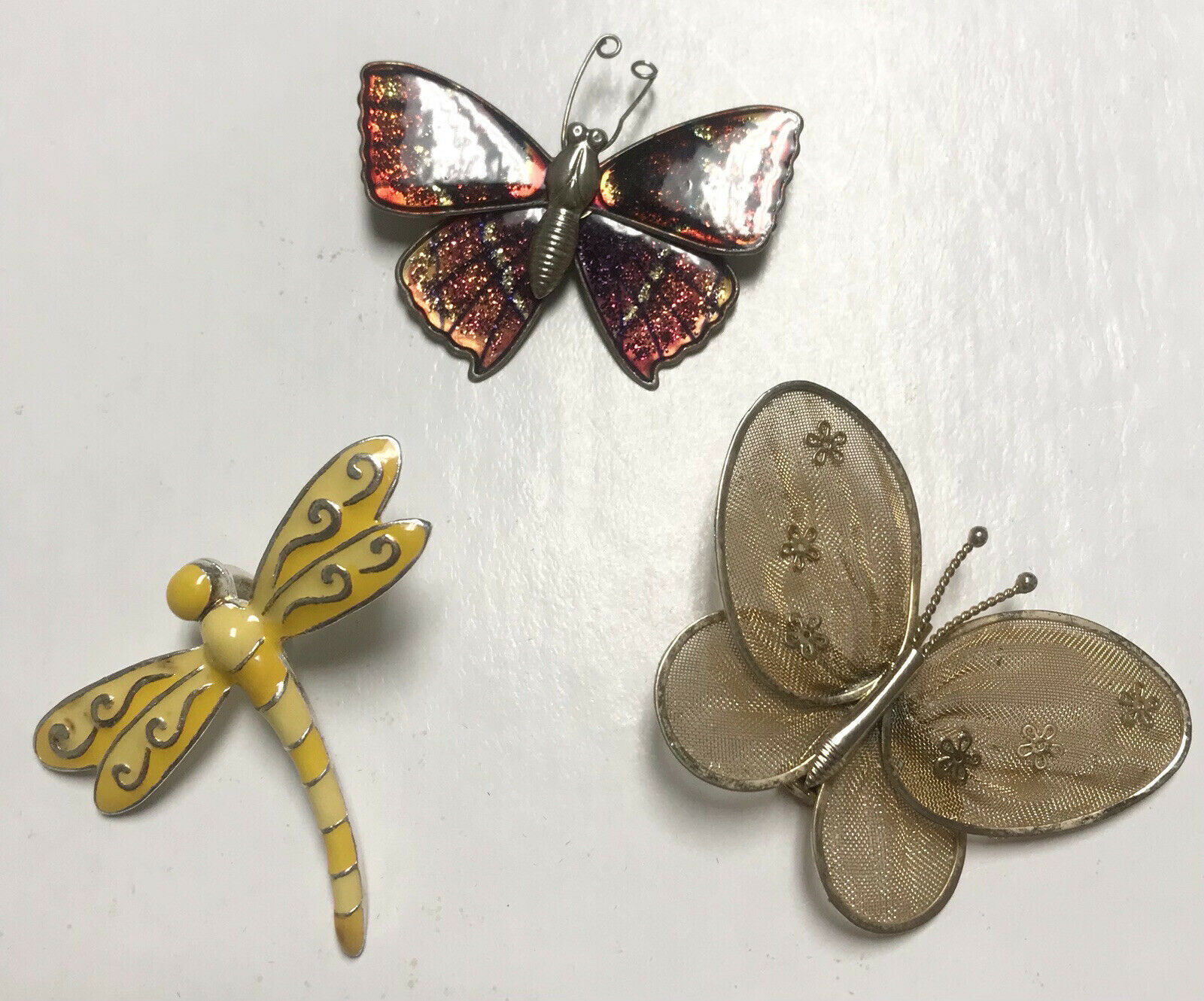 Vintage Lot (3) Butterfly Brooch, Gold Butterfly, Yellow Dragon Fly Pendant