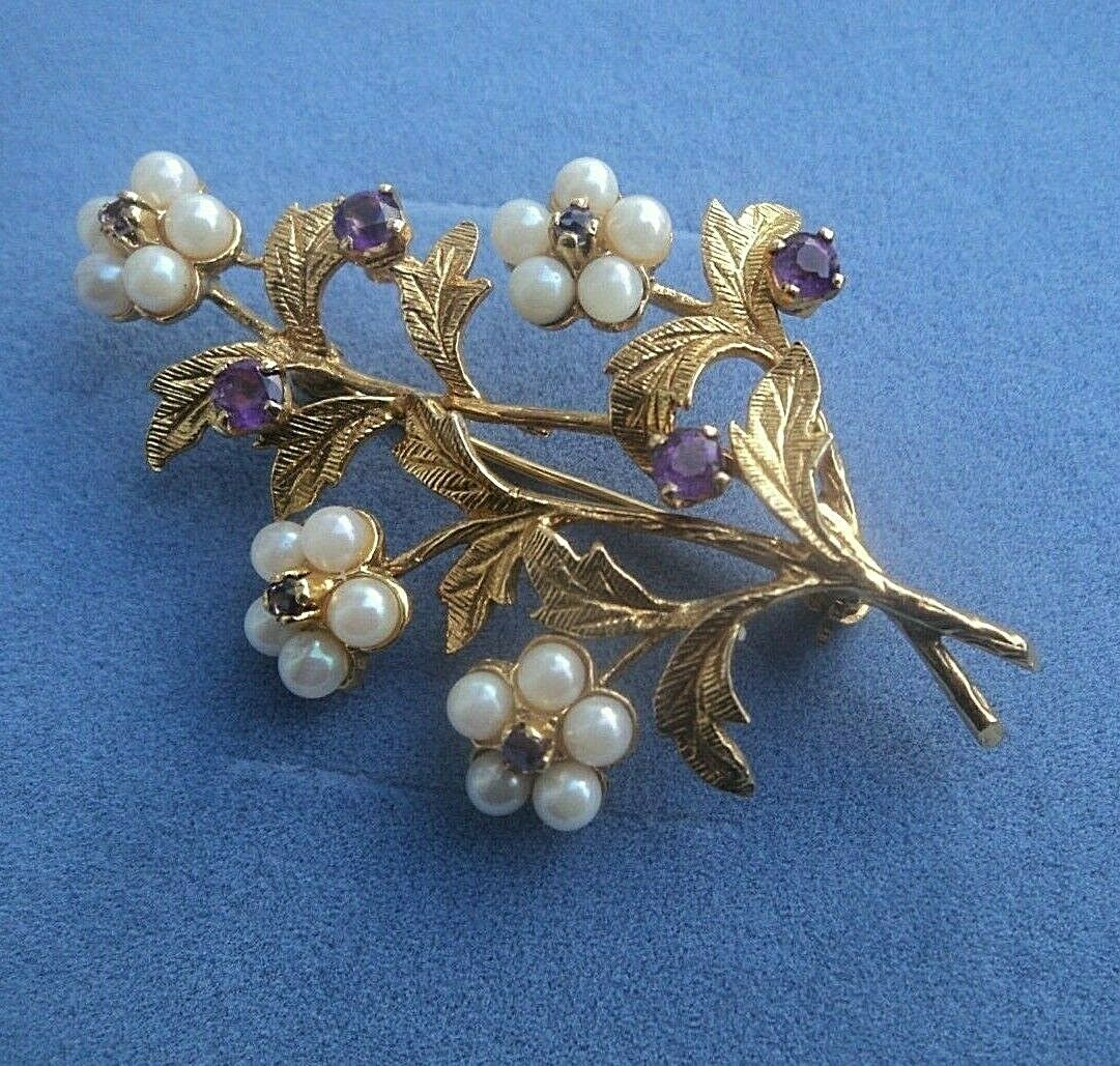 Attractive Retro 9ct Gold Amethyst & Pearl Floral Flower Brooch H/m 1971 London