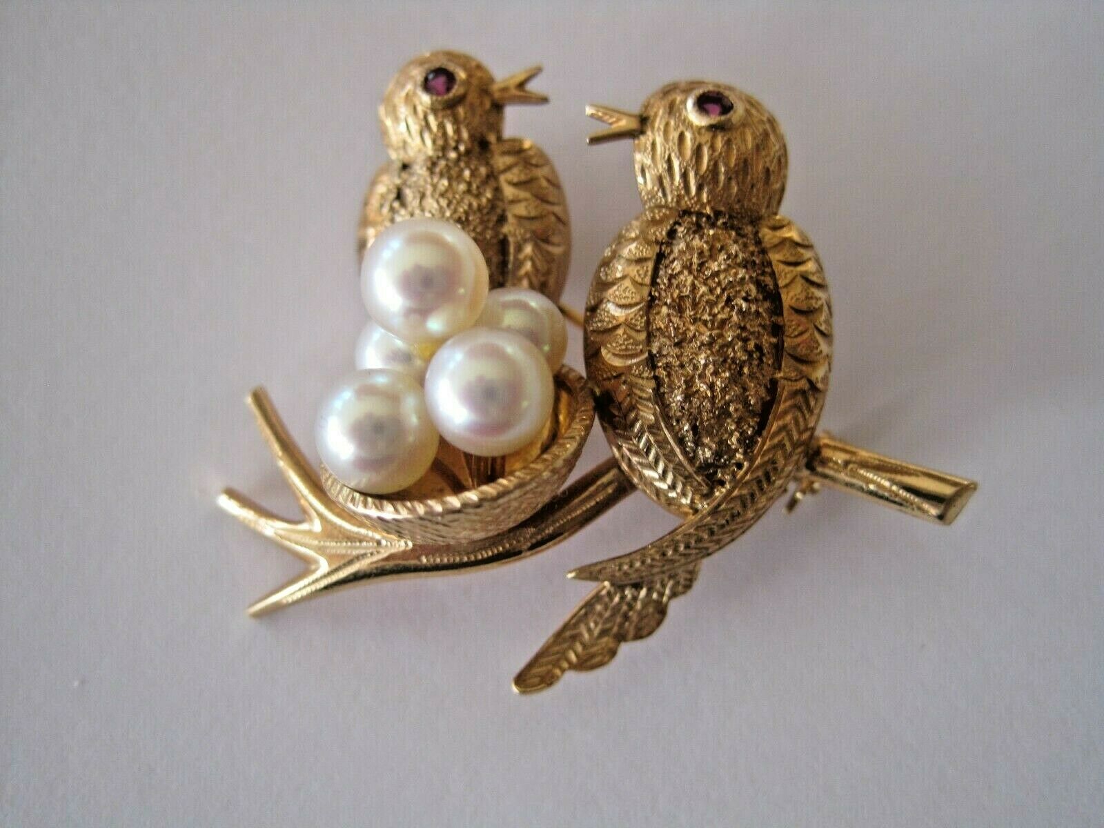 14k Yellow Gold & Ruby Eyed Birds On Branch With Pearl Eggs In Nest. Brooch Pin.