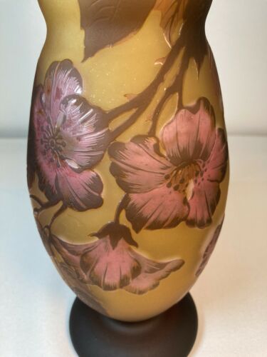 French Galle Tip Pink Orange Brown Flower Reproduction Cameo Glass 12-1/2” Vase