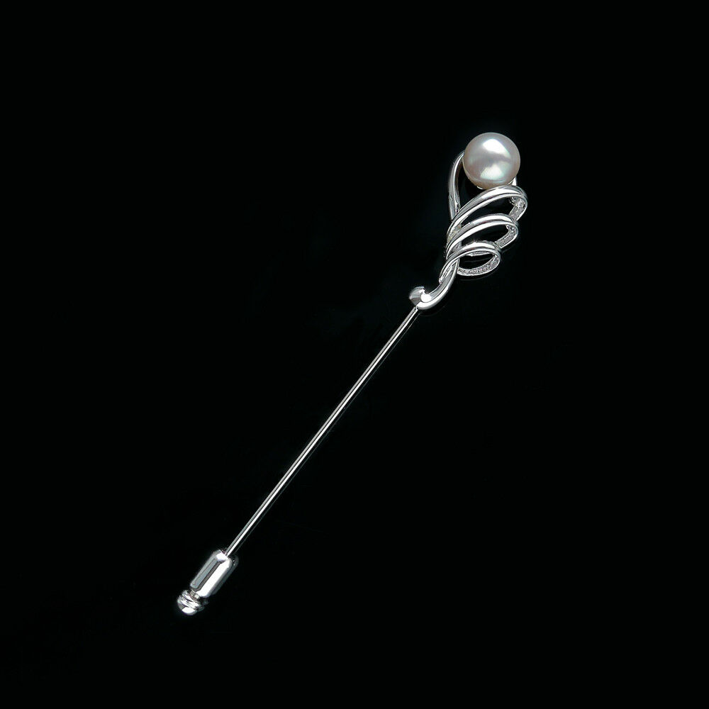 Chic Aaa White Akoya Cultured Pearl Brooch Stick Pin 925 Sterling Silver 3.5"