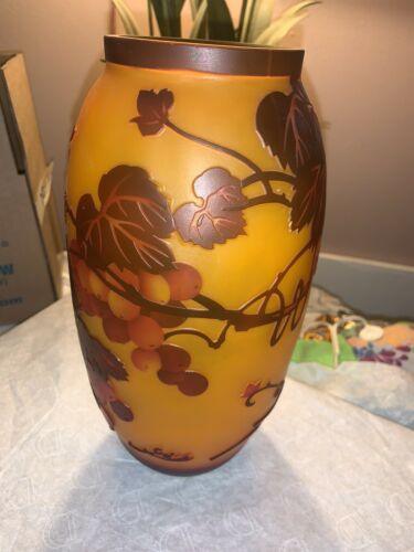 Antique Galle Art Style Glass Vase Orange Flowers/leaves Signed 10 In