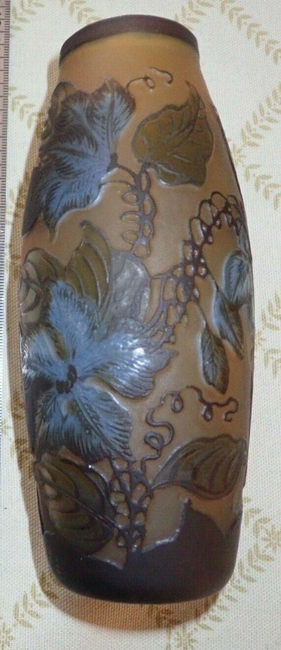 Signed Galle 6" Vase Circa 1900 Blue On Amber