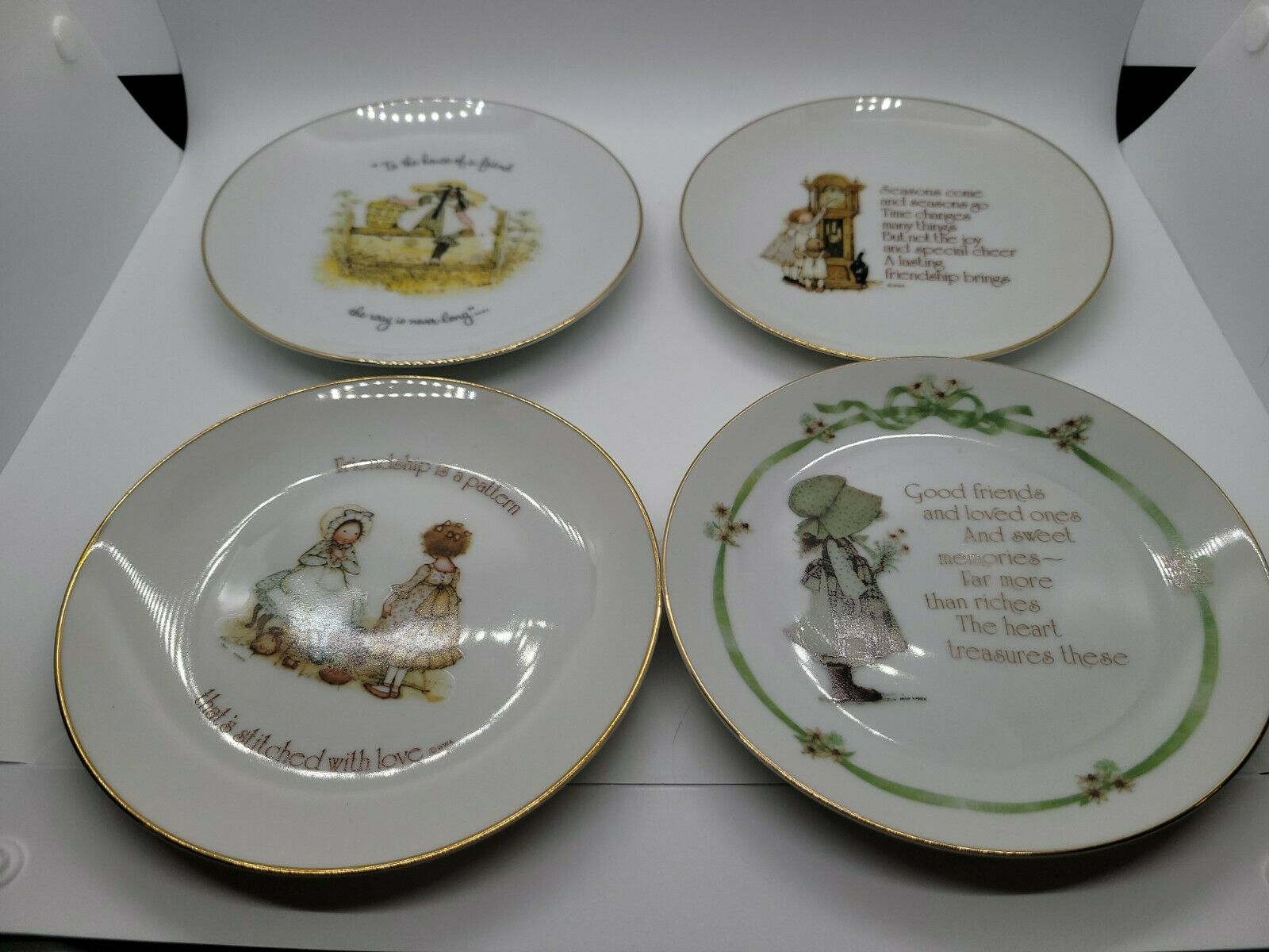 4 - 6inch Holly Hobbie Gold Trimmed Plates Friends Friendship Green Girl Seasons