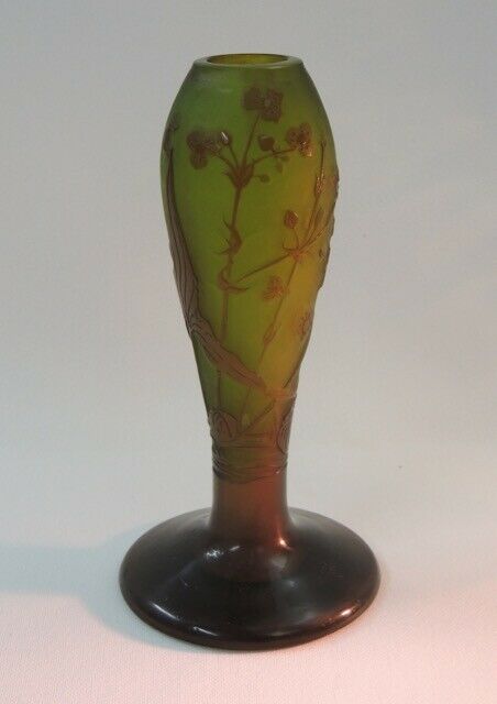 Antique Emile Galle French Cameo Green Art Glass Vase 8-3/4" Good Condition