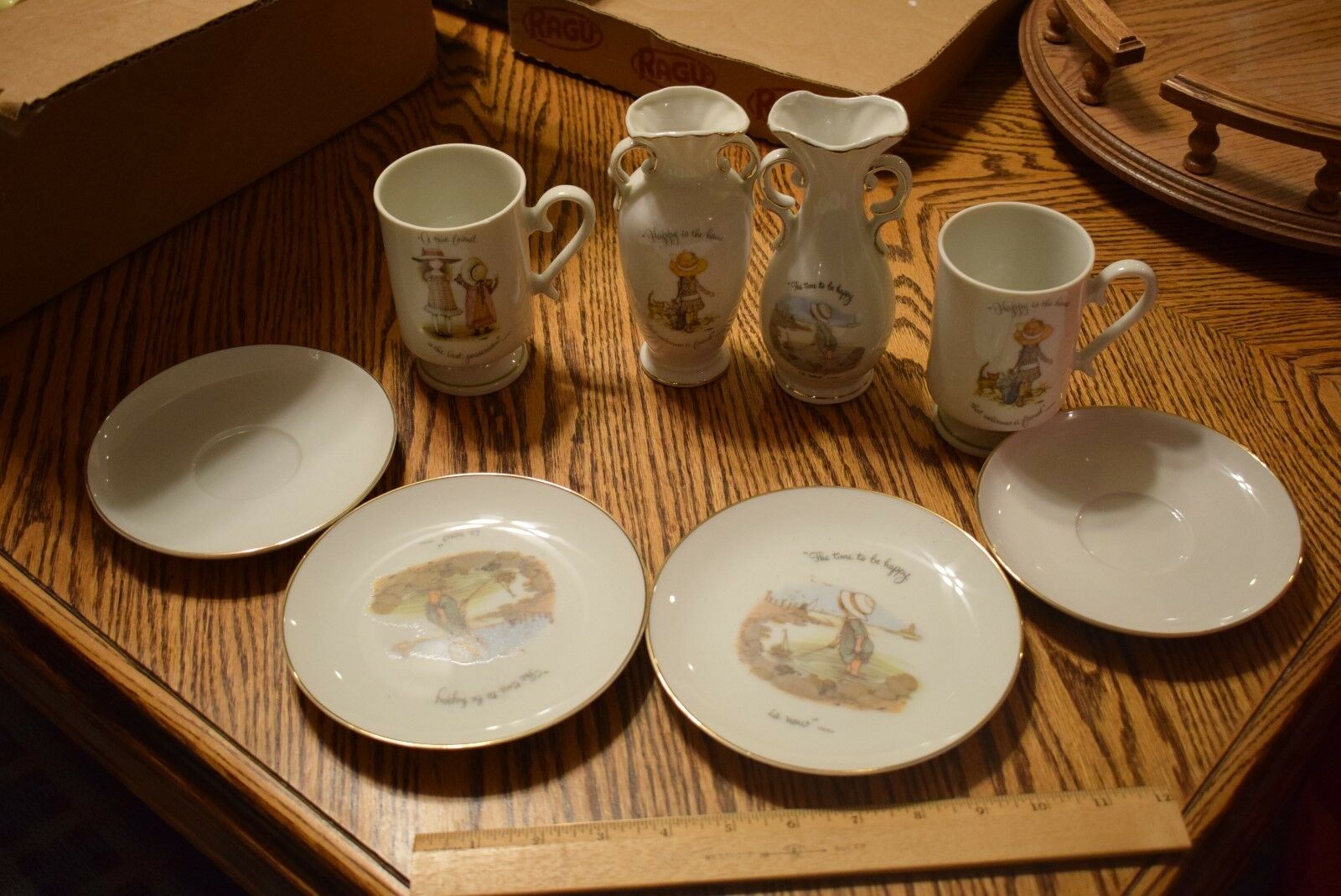 Lot Of 8 Pc Vintage 70's Holly Hobbie Footed Porcelain Coffee Cups/ Vases Plates