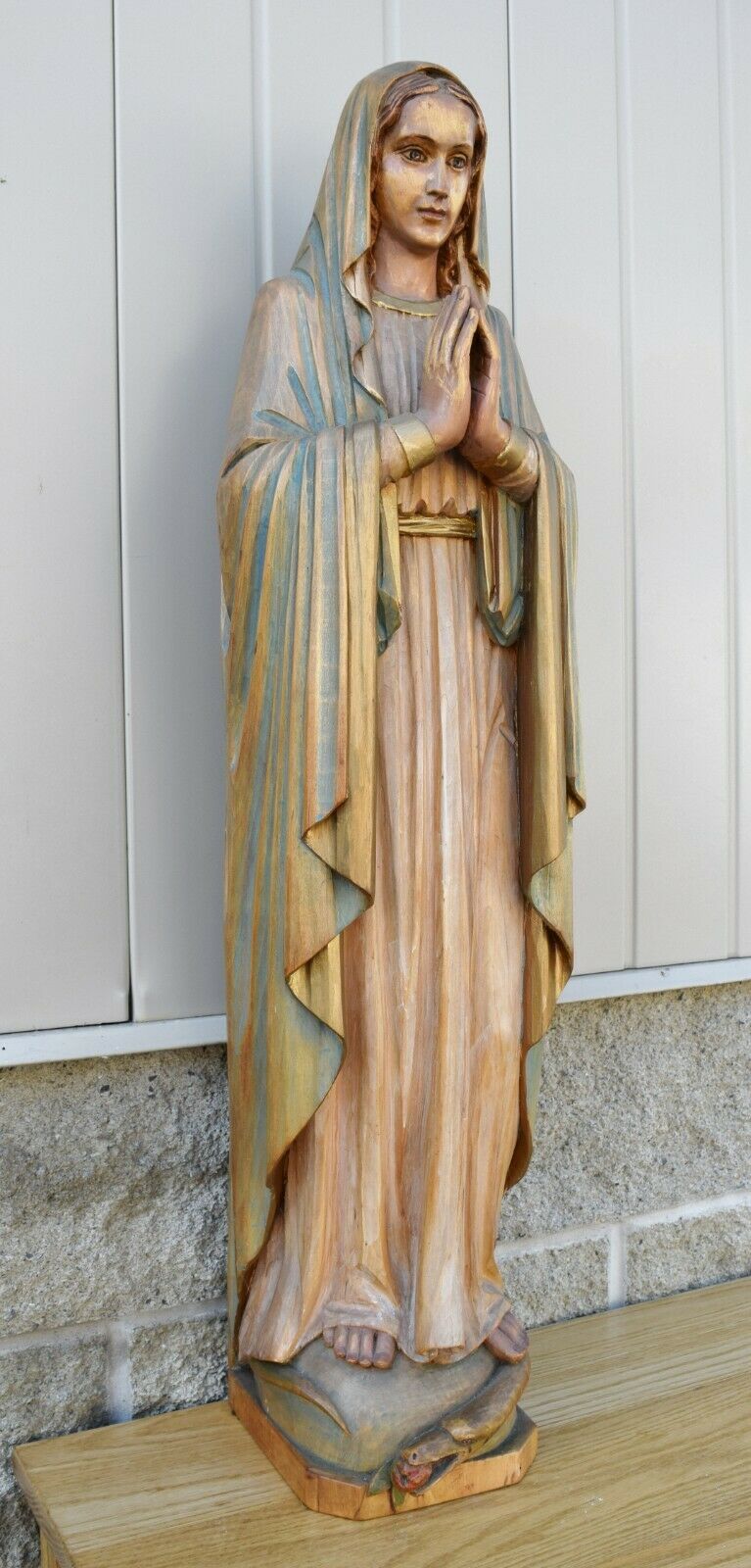 + Beautiful Older Hand Carved Wood Statue Of Mary Blessed Mother, 34" Ht (sp37)