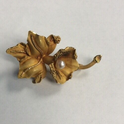 18k Yellow Gold Signed Lp Floral Pearl Brooch/pin