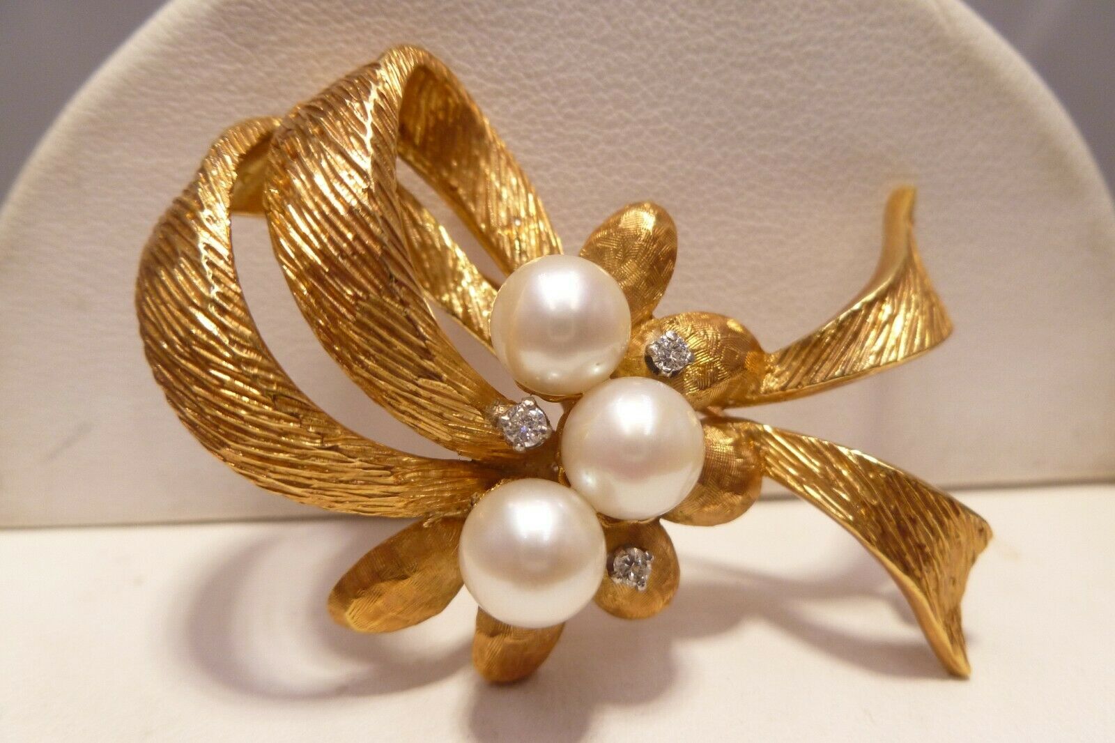 Vintage 18k Solid Gold Diamond Pearl Brooch Nugget Pin Branch's Leaves Handmade