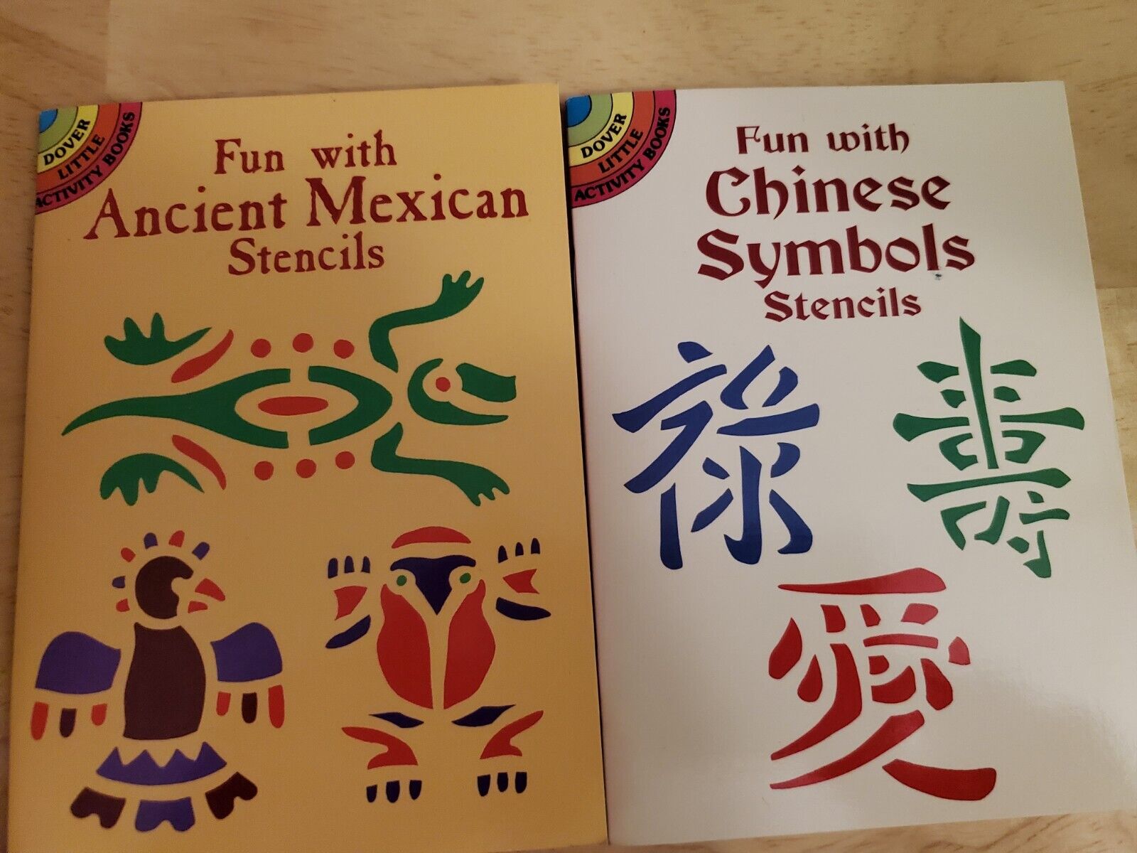 2 Stencil Books Chinese Symbols & Ancient Mexican -- Dover Little Activity