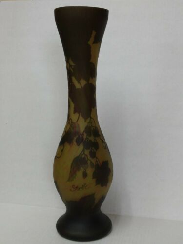 Emile Galle' Grapes & Grape Leaves And Vines 16 1/2" Tall Cameo Vase.