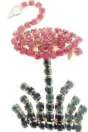 Pink Flamingo Pin Brooch Stands In Green Crystal Grass Bling Gold-tone 1.75 Inch