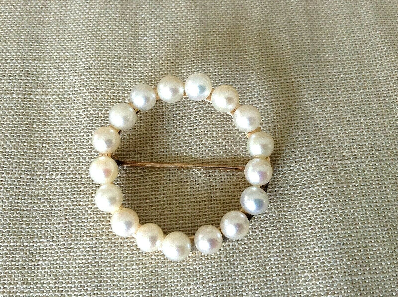 Vintage 14k Yellow Gold 4mm Creamy Cultured Pearl Circle Pin Brooch 4.8 Grams